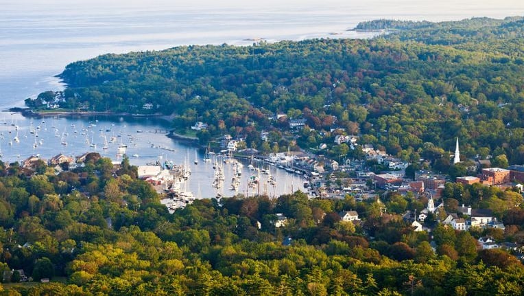 Aerial view overlooking Camden Maine