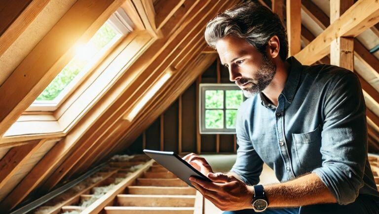 Building inspector using tablet in attic of a home under construction