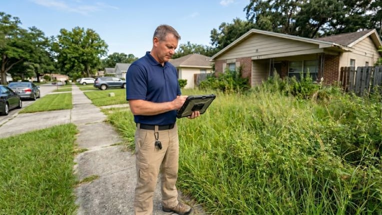 Enforcement officer using a tablet to manage a tall grass complaint